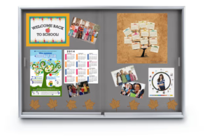 72 x 48 Enclosed Bulletin Board w/ Sliding Doors, Locking - Silver with Gray Fabric