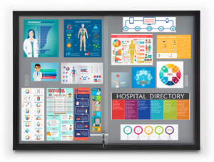 48 x 36 Enclosed Bulletin Board with 2 Locking Sliding Doors - Black with Gray Fabric