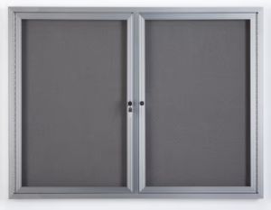 48 x 36 Enclosed Bulletin Board w/ Swing Doors, Locking - Silver with Gray Fabric