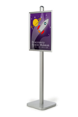 Floor Stand Poster Holder, Snap Open Frame, Square Base - Silver