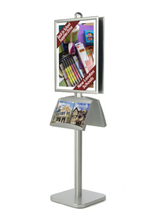 Floor Standing Poster Holder w/ Literature Trays, Double-Sided, Square Base - Silver