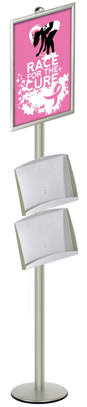 Floor Standing Poster Holder with 2 Literature Trays, Round Base