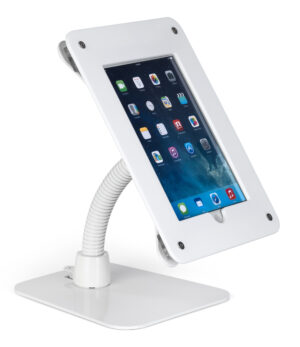 iPad Counter Stand, Acrylic Enclosure, Gooseneck Arm - White