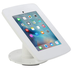 iPad Counter Stand w/ Flip Screen Share, Locked Enclosure, Hidden Home Button - White