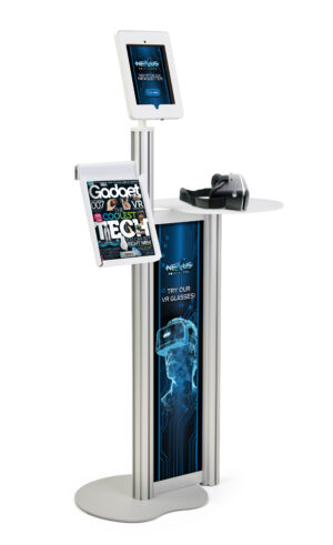 iPad Floor Stand w/ Acrylic Tabletop, Literature Pocket u0026 Custom Panels - Silver