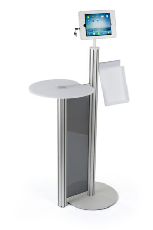 iPad Floor Stand w/ Locking Enclosure u0026 Acrylic Tabletop, Magazine Pocket - Silver