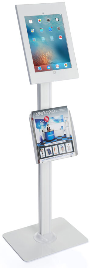 iPad Floor Stand with Lock u0026 Literaure Pocket, Home Button Exposed – White