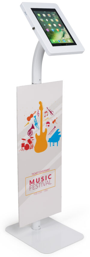iPad Tablet Floor Stand with Custom Banner, Locking u0026 Rotating Enclosure - White