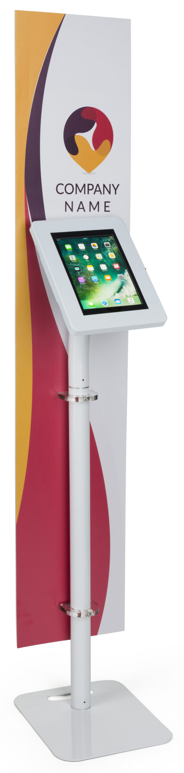 iPad Tablet Floor Stand with Custom Banner, Locking u0026 Rotating Enclosure - White