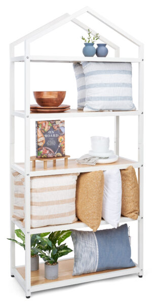 Iron Frame Shelving Unit with 5 Paulownia Wood Tiers, Open Back - Natural