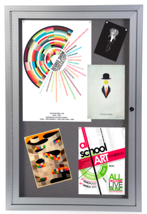 24 x 36 Enclosed Bulletin Board with Locking Door - Silver with Gray Fabric