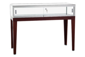 Locking Display Table w/ Tapered Legs, Tempered Glass Top u0026 Locking Door - Cherry
