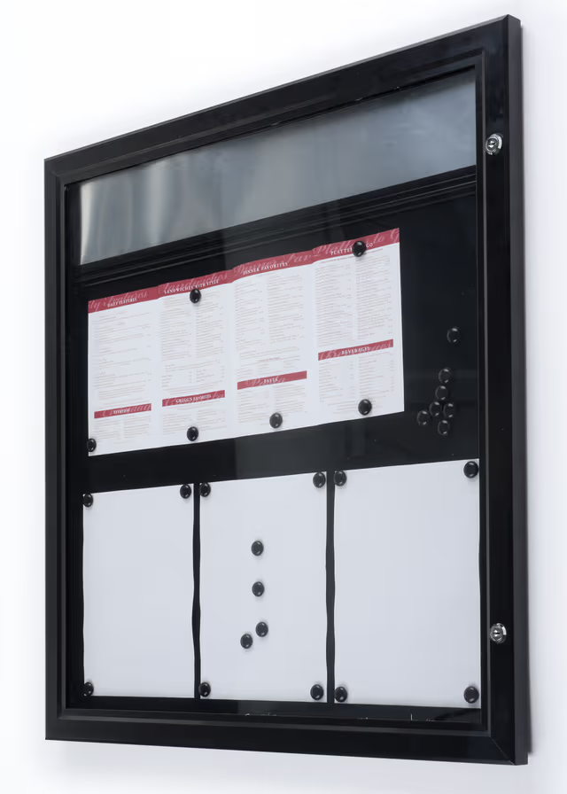 Enclosed Bulletin Board for (6) 8.5 x 11 Sheets, Outdoor Use, Header, Magnetic, Black - Image 5
