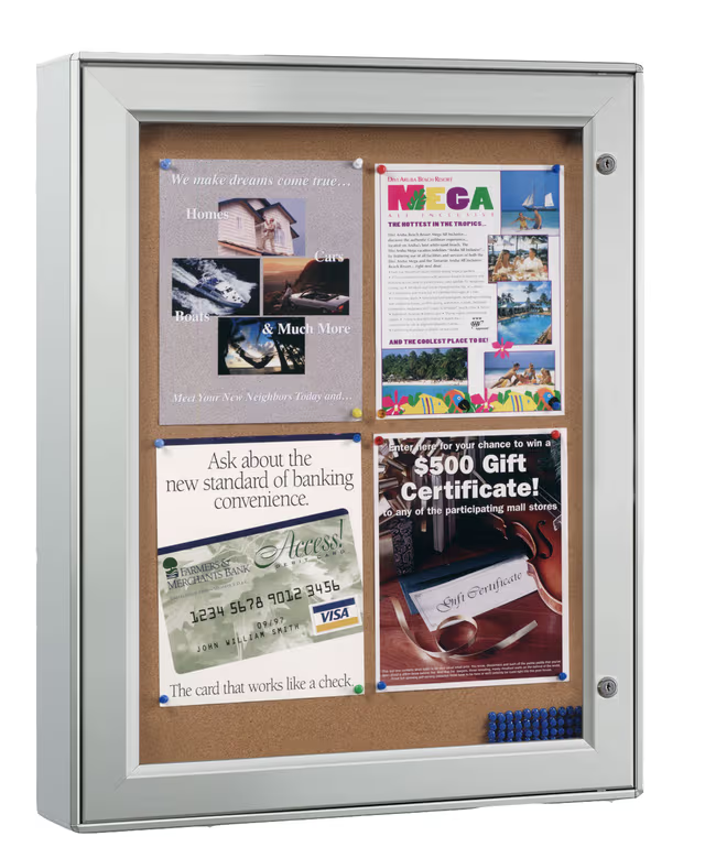 Enclosed Bulletin Board for (4) 8.5 x 11 Signs, Outdoor Use, Locking - Silver