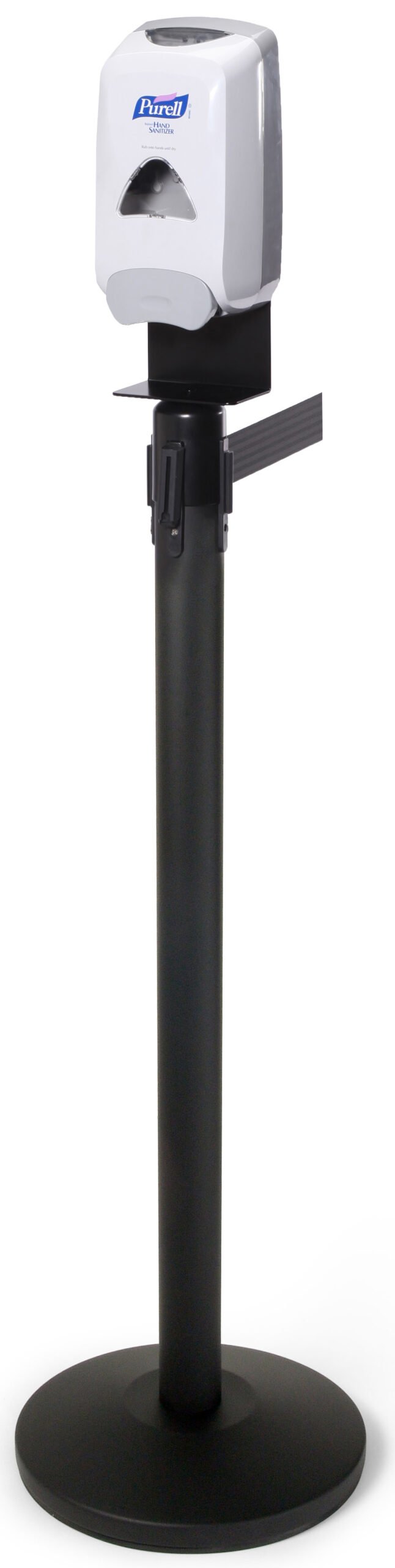 QueuePole.Economy Stanchion Post w/ 6.5’ Belt, Sanitizer Dispensing Topper - Black
