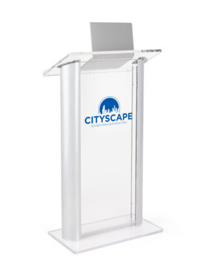 Recycled Acrylic Podium with Aluminum Sides, Custom Artwork - Clear u0026 Silver