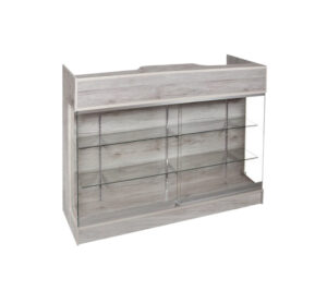 Retail Store Counter w/ Tempered Glass, Adjustable Shelves, Rear Storage