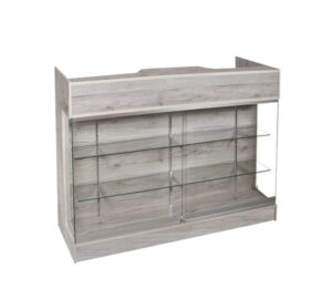 Retail Store Counter w/ Tempered Glass, Adjustable Shelves, Rear Storage