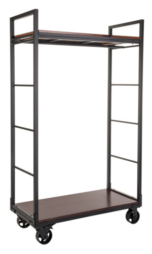 Rolling Clothing Rack with 2 Wooden Shelves u0026 Hanging Rail - Mahogany