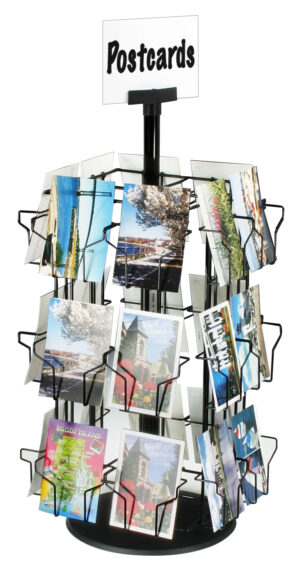 Rotating Postcard Display w/ Sign Clip, 24 Pockets - Black