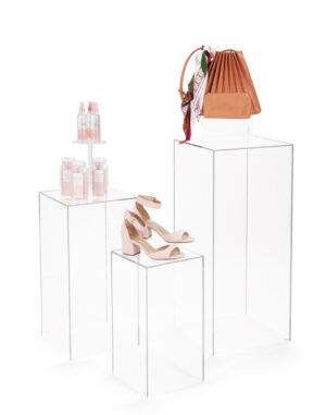 Set of 3 Pedestals for Floor, Square Tops, 3 Sizes, Fillable, Acrylic - Clear