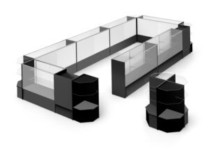Store Counter Configuration w/ 17 Components, Tempered Glass Shelves u0026 Black Finish