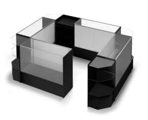 Store Counter Configuration w/ 9 Components, Black Finish u0026 Adjustable Glass Shelves