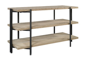 Wood and Metal Display Table with 3-Tier Design, Open Storage - Oak