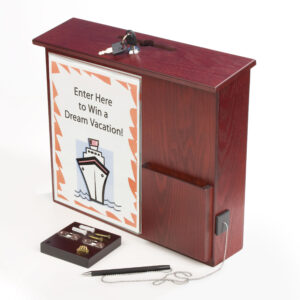 Wooden Ballot Box w/ Sign Holder, Pocket, Pen u0026 Lock, Wall or Countertop - Mahogany