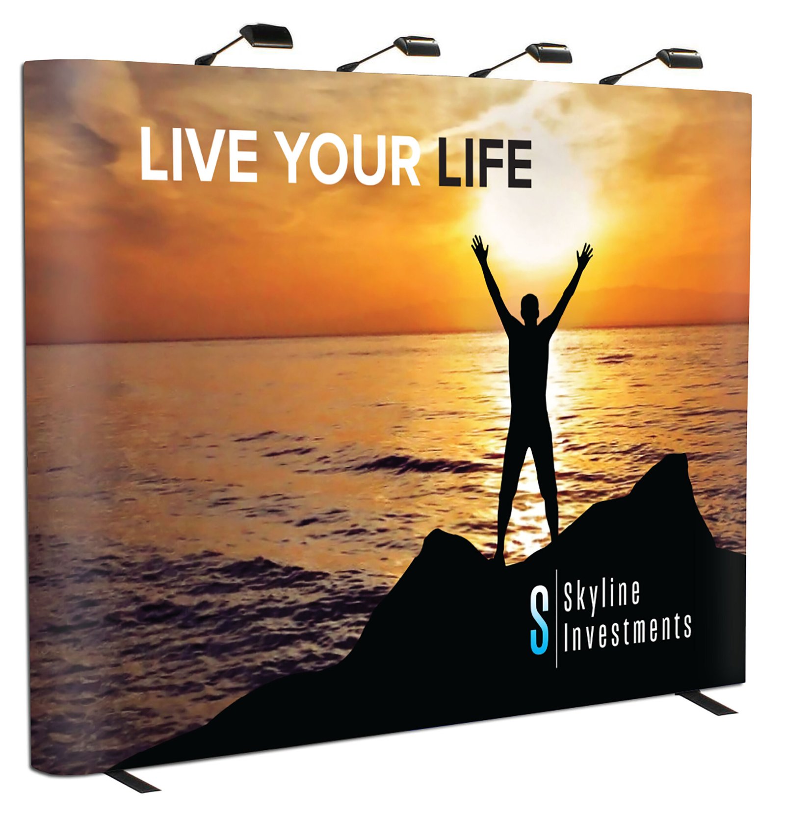 10' Pop Up Trade Show Backdrop, Custom Graphics, Spotlights, Portable
