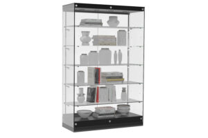 48” Display Case w/ LED Lights, Frameless, Sliding Doors, Ships Assembled - Black