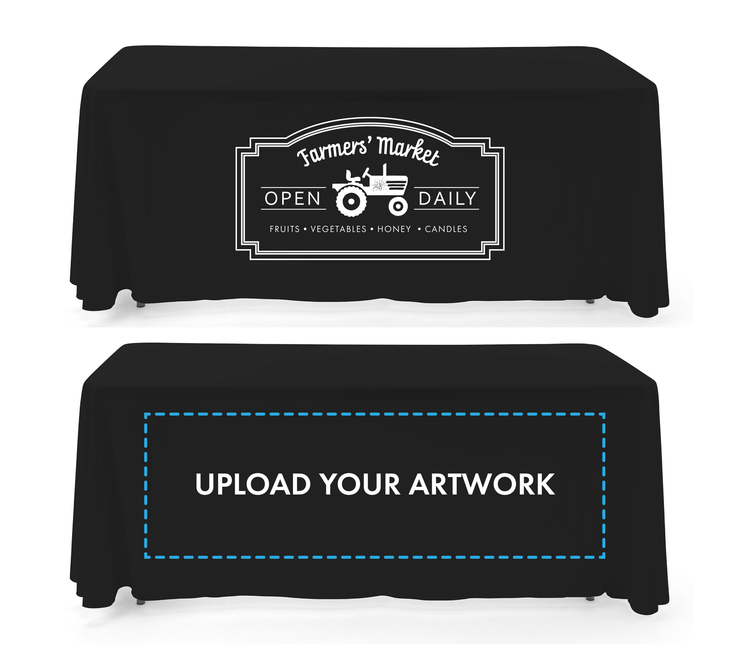 6' or 8' Polyester Table Cloth, Open Back, White Custom Imprint - Solid Color