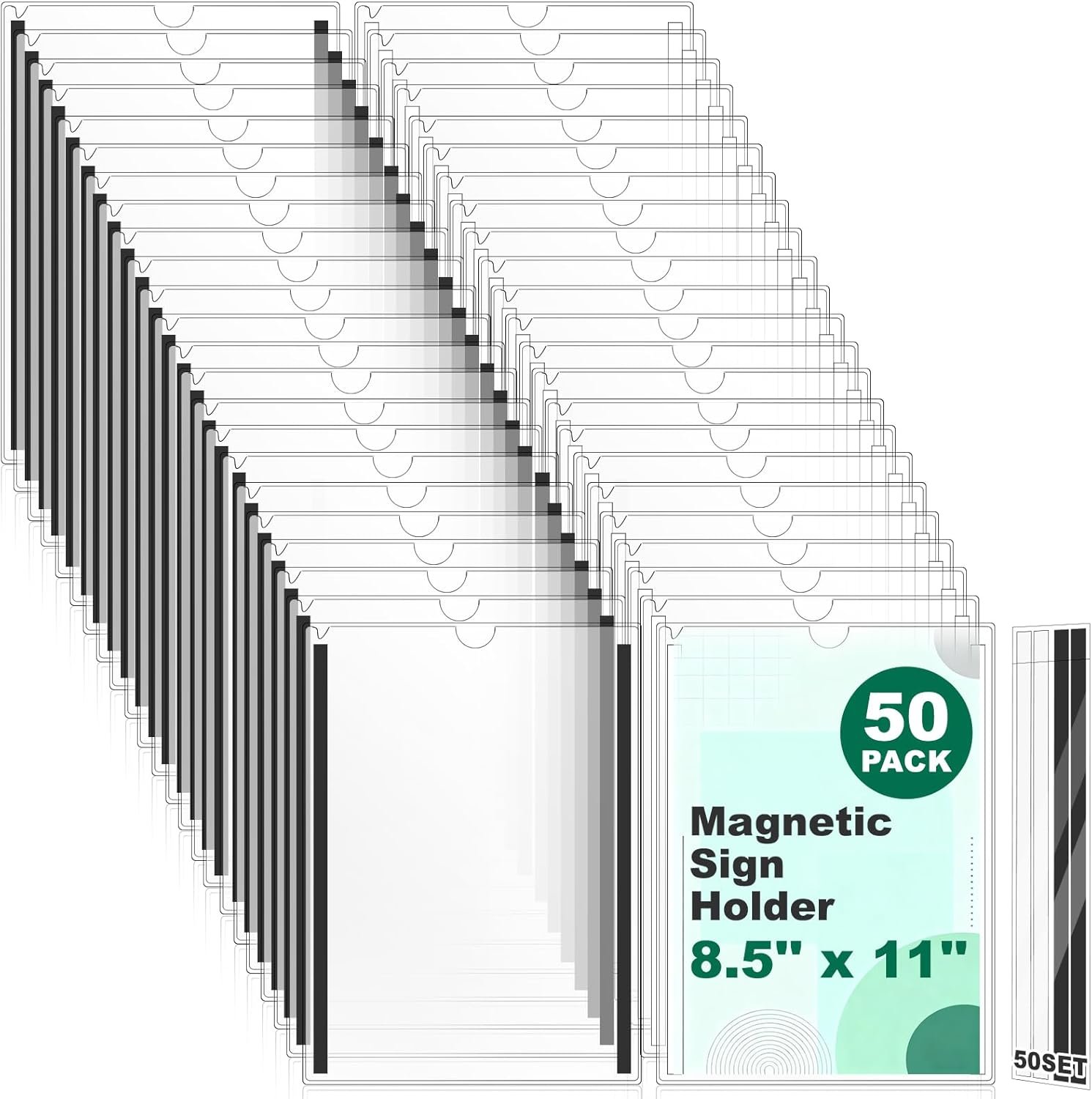 50 Pack Magnetic Sign Holder 8.5 x 11 Inch, Clear Plastic Sleeves with Strong Magnetic Strips & Adhesive Tape for Menu, Poster, Photo, Wall, Fridge, Whiteboard