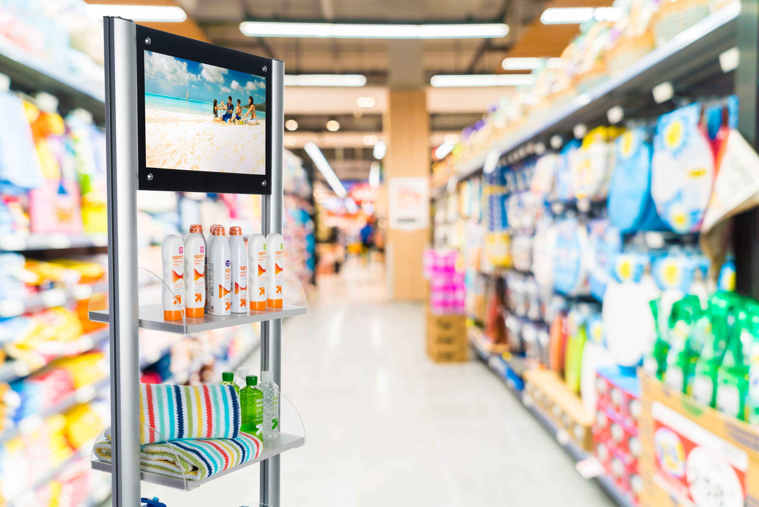 73.25”h Tiered Aluminum Display with 3 Adjustable Shelves, 21.5” LCD Screen - Black