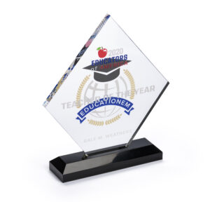 8.25 x 7.75 Half Moon Acrylic Trophy, 2-Sided Custom Printed with Base-Clear/Black