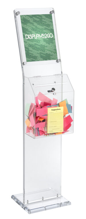 Acrylic Ballot Box w/ 8.5 x 11 Sign Holder, Pocket, Floor Standing - Clear
