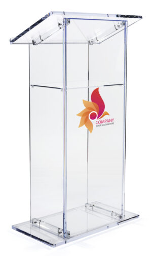 Acrylic Podium for Floor w/ Open Back and Shelf, Custom Printing - Multiple Finishes