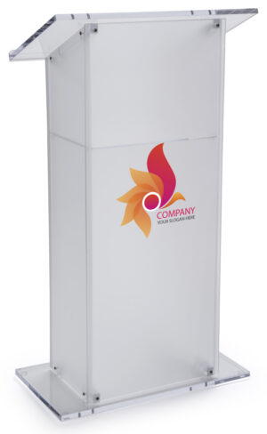 Acrylic Podium for Floor w/ Open Back and Shelf, Custom Printing - Multiple Finishes