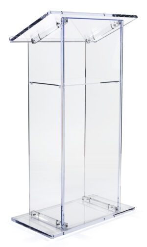 Acrylic Podium for Floor with Open Back and Shelf - Clear