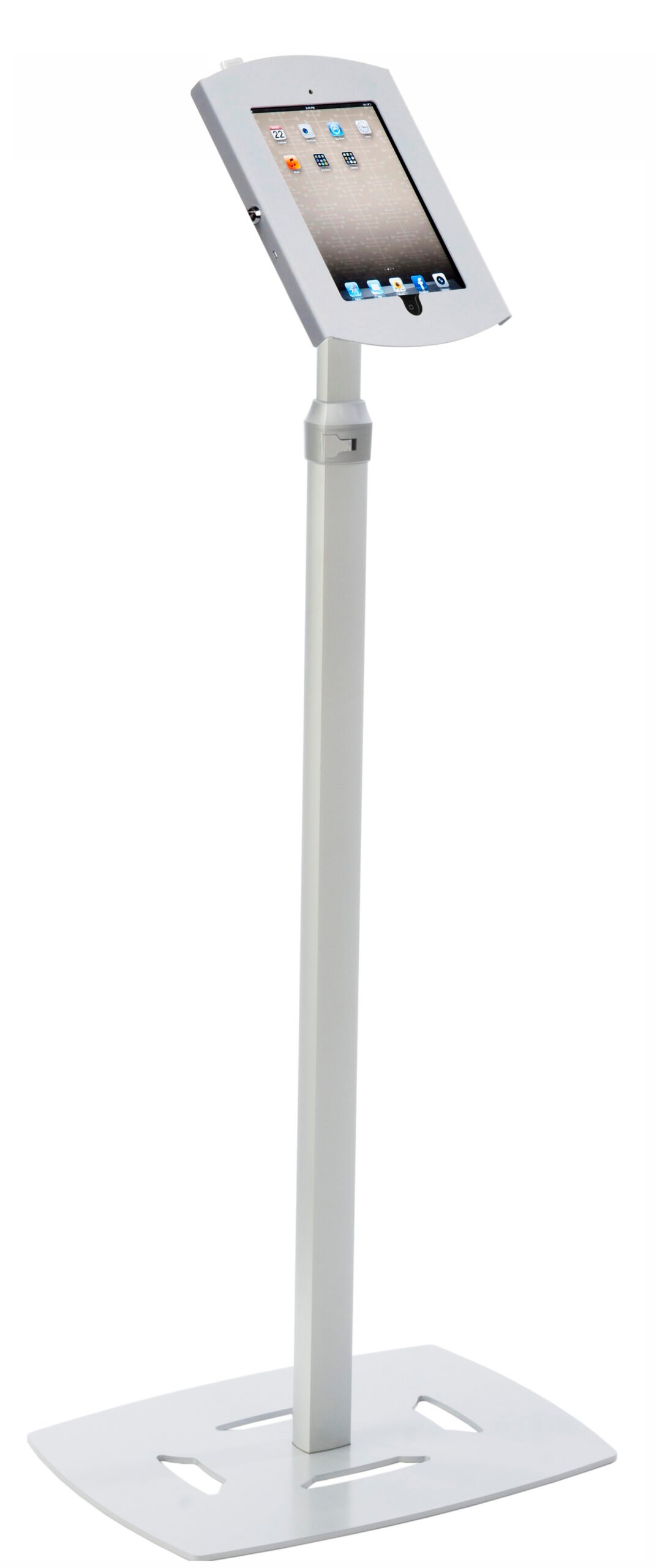 Adjustable iPad Floor Stand, Locking Enclosure w/ Exposed Home, CC Reader Compatible