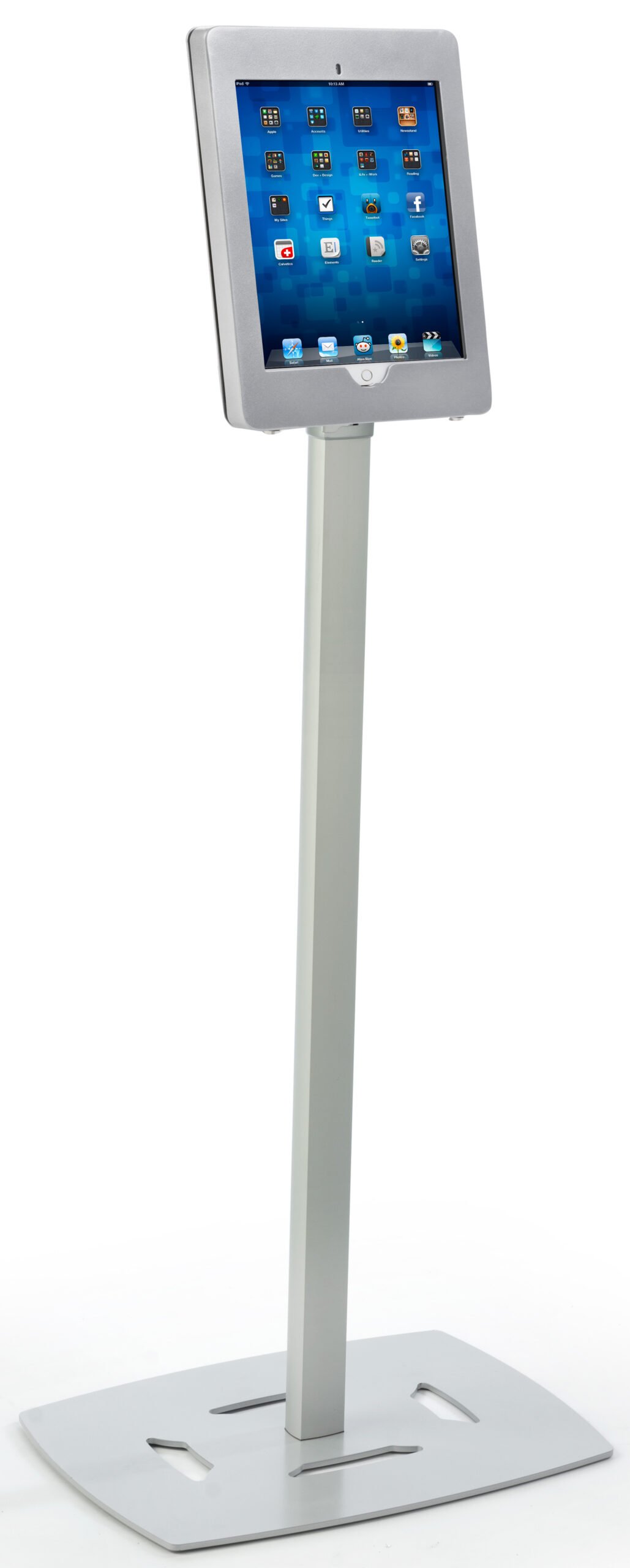 Adjustable iPad Pro Floor Stand, Locking Enclosure w/ Exposed Home Button - Silver