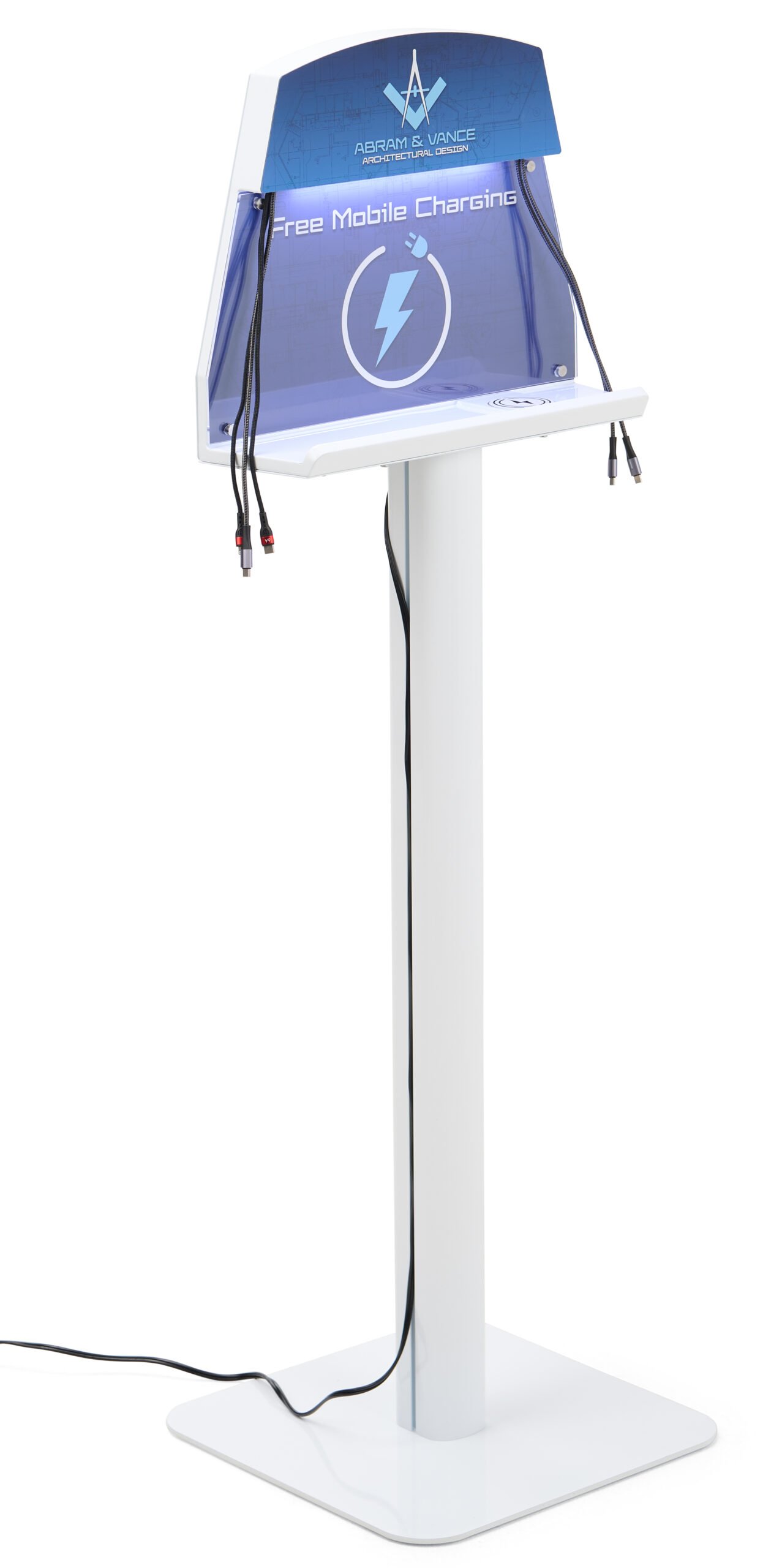 Cell Phone Charging Station w/ Custom Graphics, 5 Cords and Wireless Charging - White