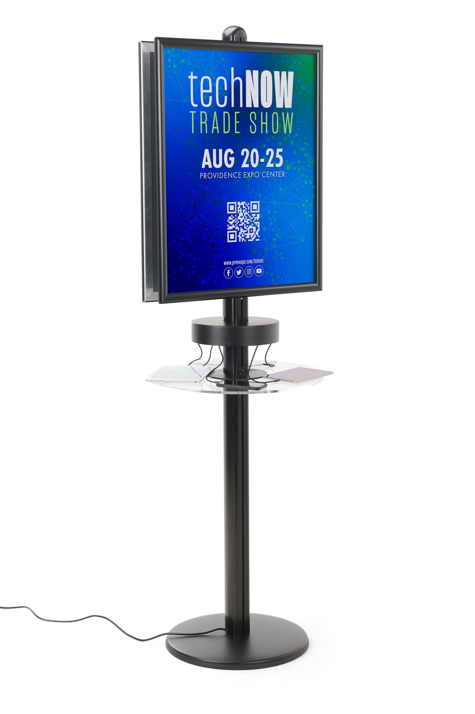 Charging Kiosk for Floor, (2) 22 x 28 Poster Frames, 6 Cables, Storage Shelf - Black