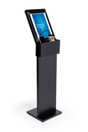 Charging Kiosk for Floor w/ 8.5 x 11 Sign Holder, 3 Cables, 5 Device Capacity – Black