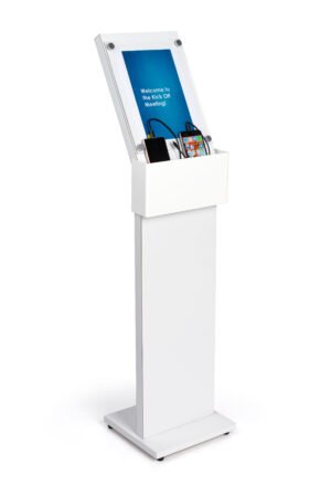 Charging Kiosk for Floor w/ 8.5 x 11 Sign Holder, 3 Cables, 5 Device Capacity – Black