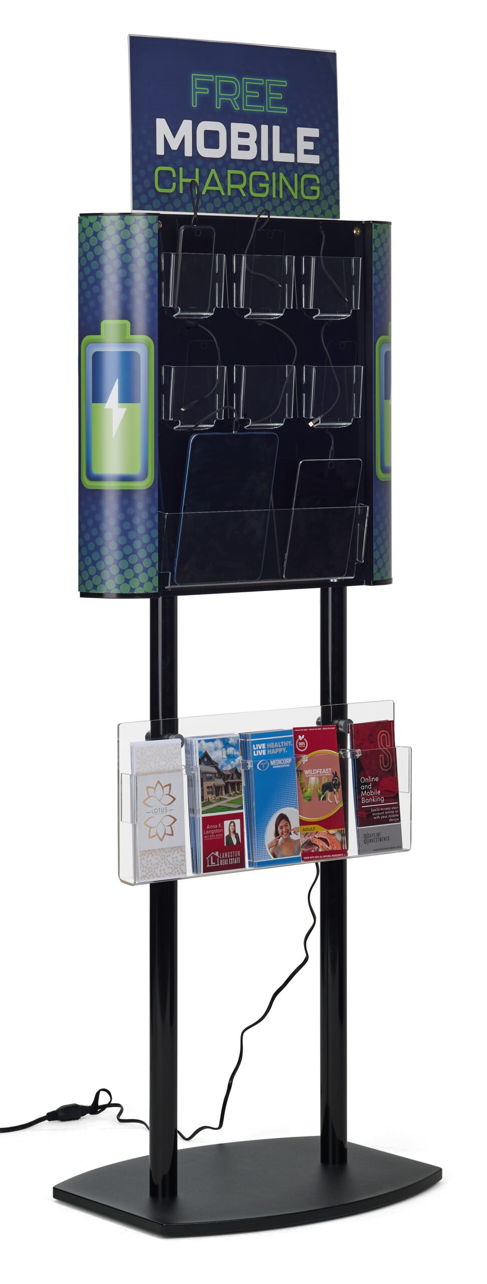 Charging Station for Floor, Side Panel Graphics, 8 Cables, 17 x 11 Sign - Black