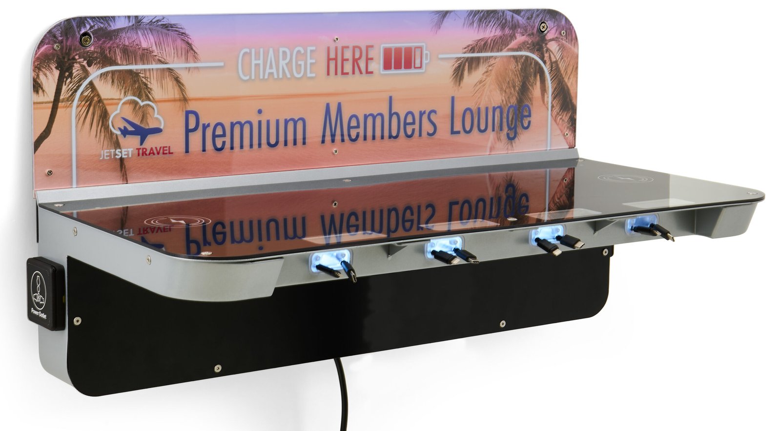 Charging Table for Wall/Floor w/ Custom Graphics, 8 Cables, 2 Wireless Pads - Silver