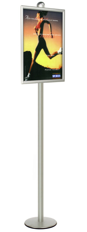 Floor Standing Poster Holder, Snap Frame, Single-Sided, Round Base - Silver