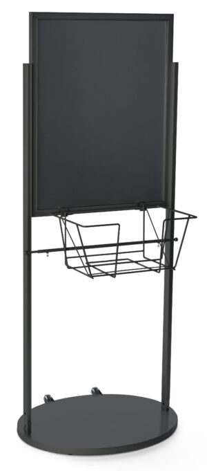 Floor Standing Sign Holder with Basket, Double-Sided, Wheels - Black