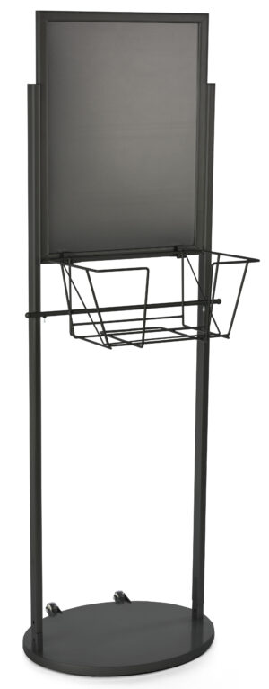 Floor Standing Sign Holder with Basket, Double-Sided, Wheels - Black